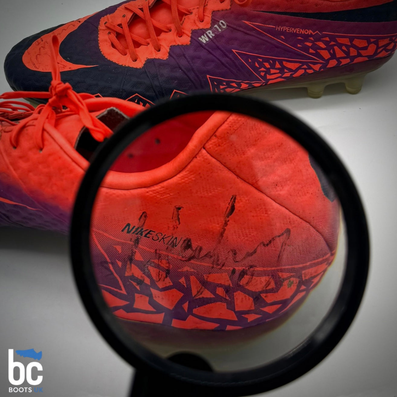 Close-up shot of the hand signed autograph on Wayne Rooney's match-worn boots from 2016/17